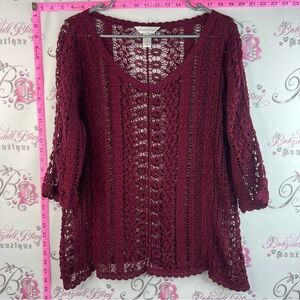Christopher & Banks shirt long sleeve Open-Knit V-Neck Blouse in Burgundy